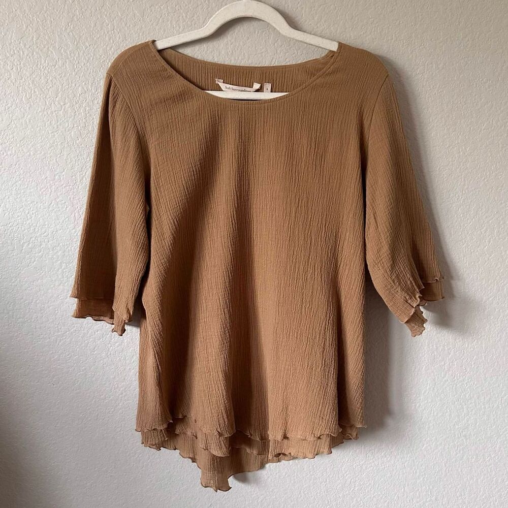 Soft Surroundings Small Camel Cotton Crinkle Boho Layered Hem Lagenlook Tunic